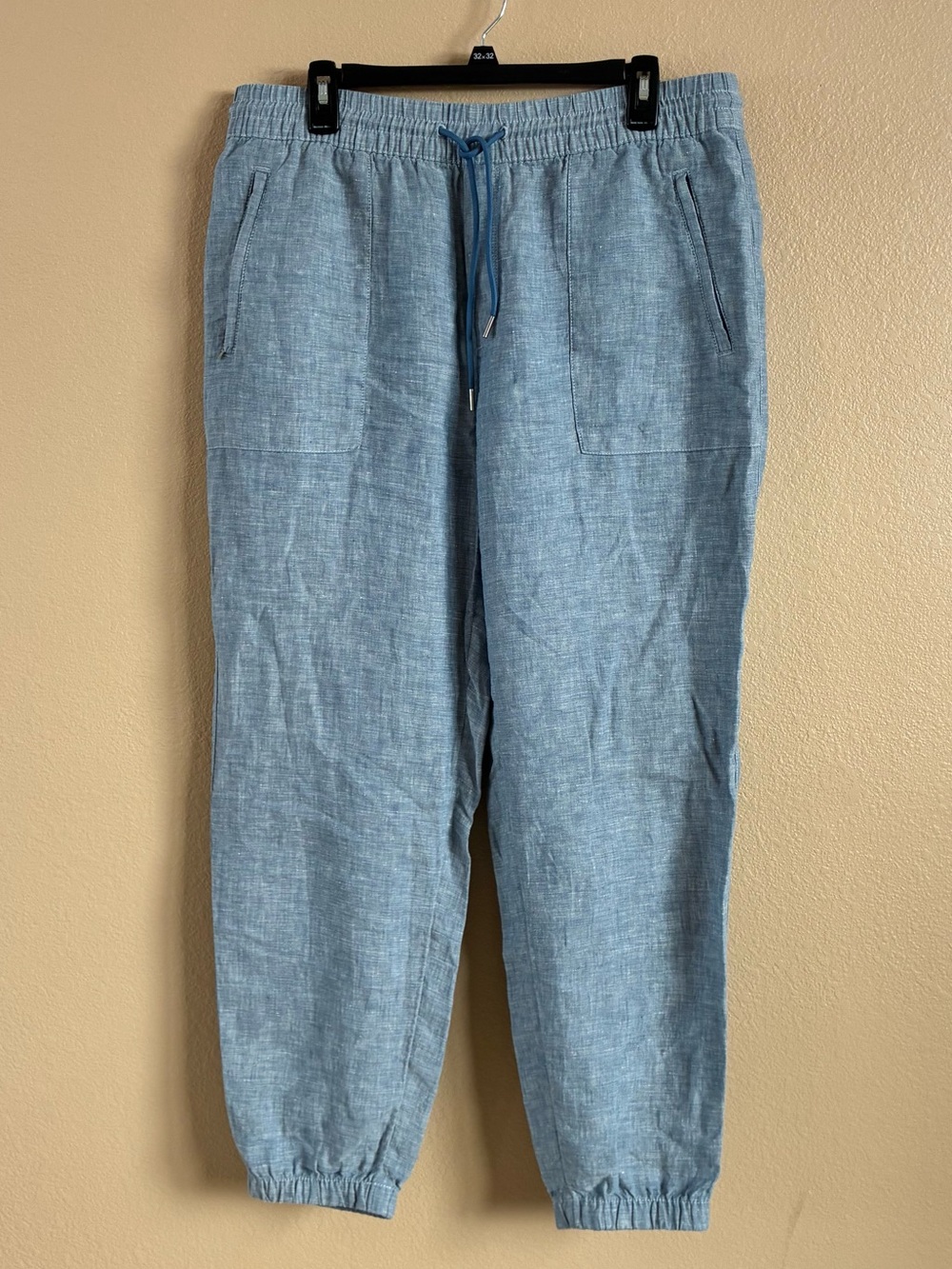 Athleta Size 14‎ Blue Linen Pull On Jogger Pants Elastic Waist Zip Pockets Beach